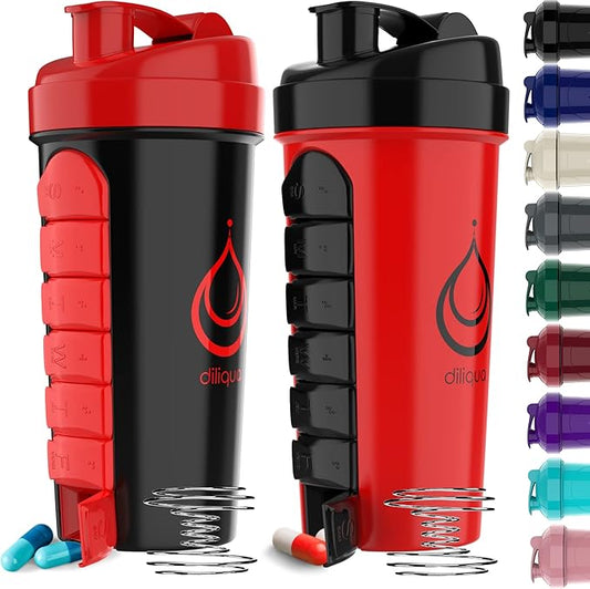 -2 PACK- Shaker Bottles for Protein Mixes with Pill Organizer | BPA-Free & Dishwasher Safe | 2 Large 24 oz protein shaker bottle | Shaker Cups for protein shakes | Blender Shaker Bottle Pack