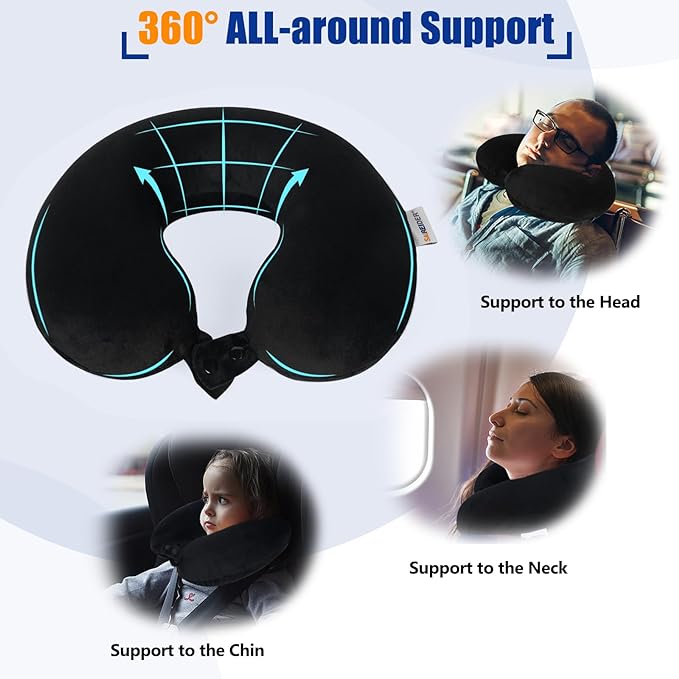 SAIREIDER Travel Pillow 100% Pure Memory Foam Travel Neck Pillow, Airplane Pillow for Traveling、Car、Home、Office，Washable Cover（Black）