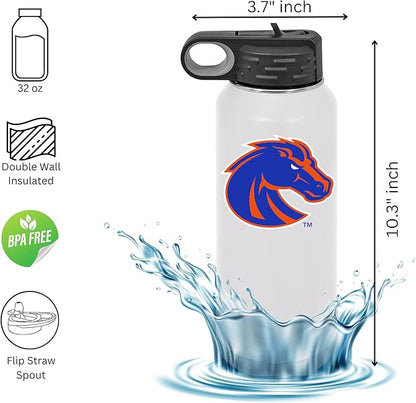 Boise State University 32oz Stainless Steel Double Walled White Beverage Bottle with Flip Straw Spout - College Gear for Playoff Season – For Office, Home or Auto – Show your Bronco Nation Pride