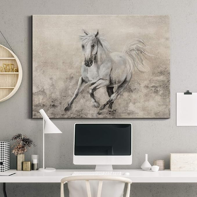 Renditions Gallery Canvas Animal Wall Art Home Paintings & Prints Elegant Running Horse Abstract Black & White Modern Figurative Artwork Decor for Bedroom Office Kitchen - 32"x48" LT33