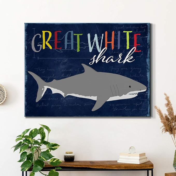 Renditions Gallery Canvas Animal Wall Art Home Paintings & Prints Smiling Playful White Shark Modern Abstract Vibrant Wall Hanging Decorations for Kids Bedroom Nursery - 32"x48" LT33