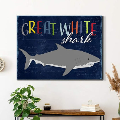 Renditions Gallery Canvas Animal Wall Art Home Paintings & Prints Smiling Playful White Shark Modern Abstract Vibrant Wall Hanging Decorations for Kids Bedroom Nursery - 24"x36" LT33