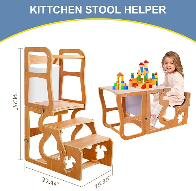 Toddler Tower Kitchen Stool Helper-Montessori Standing with Chalkboard, 3 in 1 Step Stools for Kids Back, Learning Wooden Kitchen, Free Hands, Easy Assembly Playing Toys or Studying