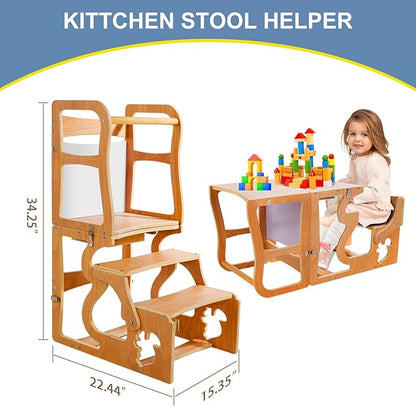 Toddler Tower Kitchen Stool Helper-Montessori Standing with Chalkboard, 3 in 1 Step Stools for Kids Back, Learning Wooden Kitchen, Free Hands, Easy Assembly Playing Toys or Studying