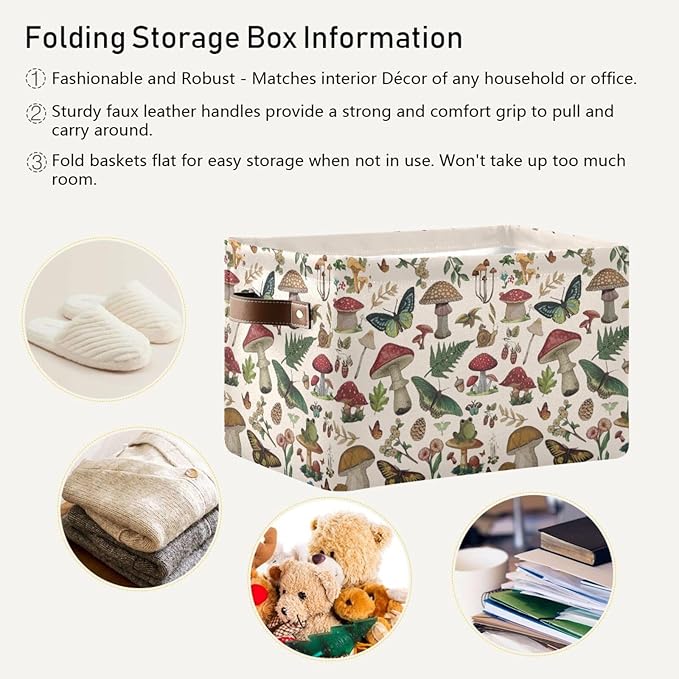 Wild Flower Botanical Mushroom Storage Basket Bin for Shelves Closet Butterfly Floral Foldable Fabric Storage Box Cube with Handles Kid Gift Toys Shelf Basket Organizer for Bedroom Nursery Home Decor