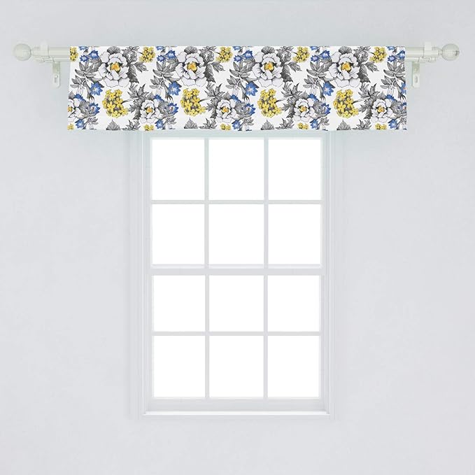 Ambesonne Garden Window Valance, Romantic Peony Hydrangea and Blue Violet Blossoms in Sketch Art Style, Curtain Valance for Kitchen Bedroom Decor with Rod Pocket, 54" X 12", Grey Yellow