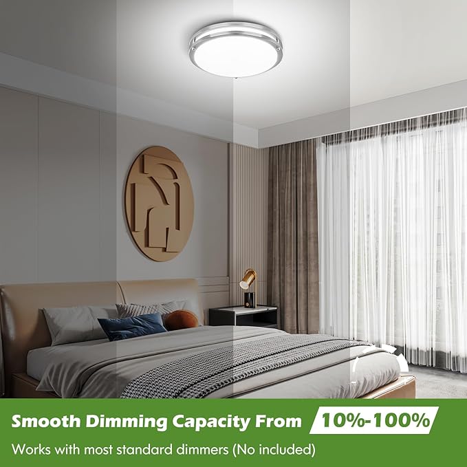 16 Inch 50W LED Ceiling Lights, Dimmable Brushed Nickel Flush Mount Ceiling Light, 2700K/3000K/4000K/5000K/6500K Adjustable, 5400LM Super Bright Ceiling Lamp for Bedroom Kitchen Office, 2-Pack