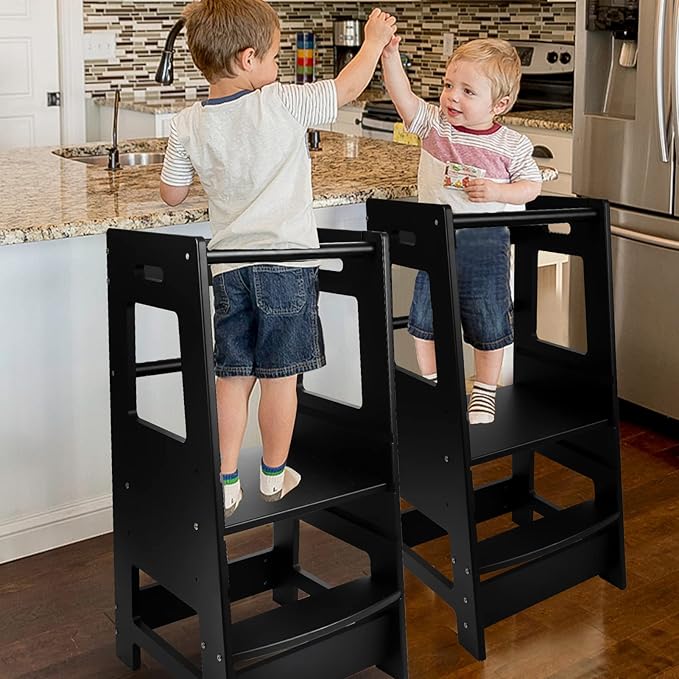 Toddler Kitchen Stool, Toddler Tower with Safety Rail, Toddler Stool for Kitchen Counter, Adjustable Height Little Helper Tower, Kitchen Stool for Toddlers 18 Months and Older, Black