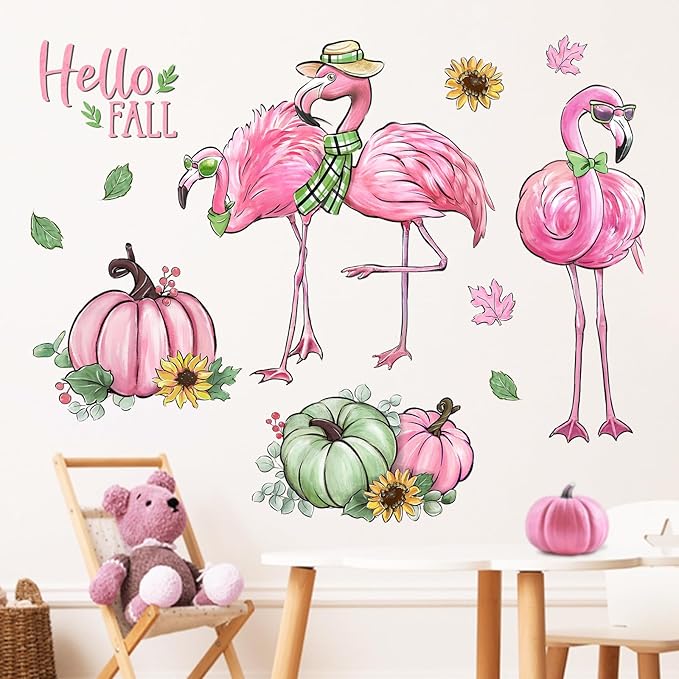 Mfault Hello Fall Flamingo Wall Decals Stickers, Autumn Pink Green Pumpkin Decorations Bedroom Art, Seasonal Sunflower Home Kitchen Living Room Decor