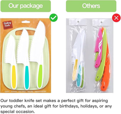 4 Pcs Kids Kitchen Knife Set,Kids Knives For Real Cooking With Nylon Kitchen Baking Knife with Cutting Board,Firm Grip,Safe Serrated Edges Kids Knives for Cutting