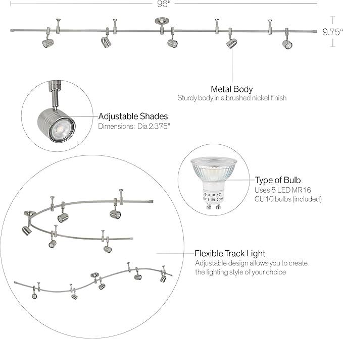 Catalina Lighting 96" Track Ceiling Light, Brushed Nickel, Transitional 5-Light LED Flex Track, Bulb Included, for Kitchen, Living Room, Home Lighting