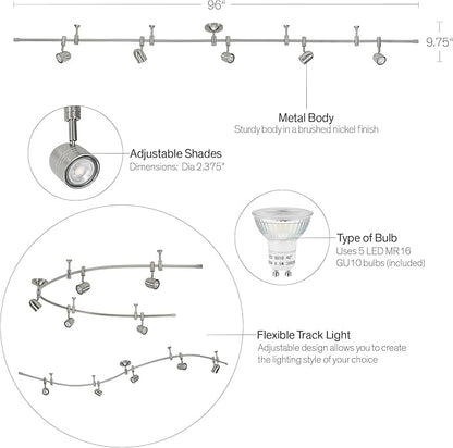 Catalina Lighting 96" Track Ceiling Light, Brushed Nickel, Transitional 5-Light LED Flex Track, Bulb Included, for Kitchen, Living Room, Home Lighting