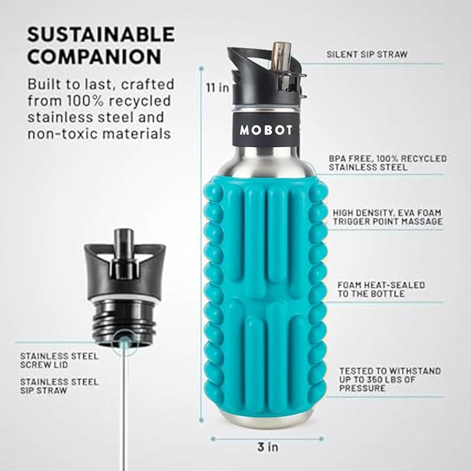 MOBOT Portable Travel Foam Roller Water Bottle with Sip Straw, Stainless Steel Screw Lid | Insulated Sports Water Bottle and Foam Rollers for Yoga, Workout, Home Gym, & Exercise 27oz. (Aqua)