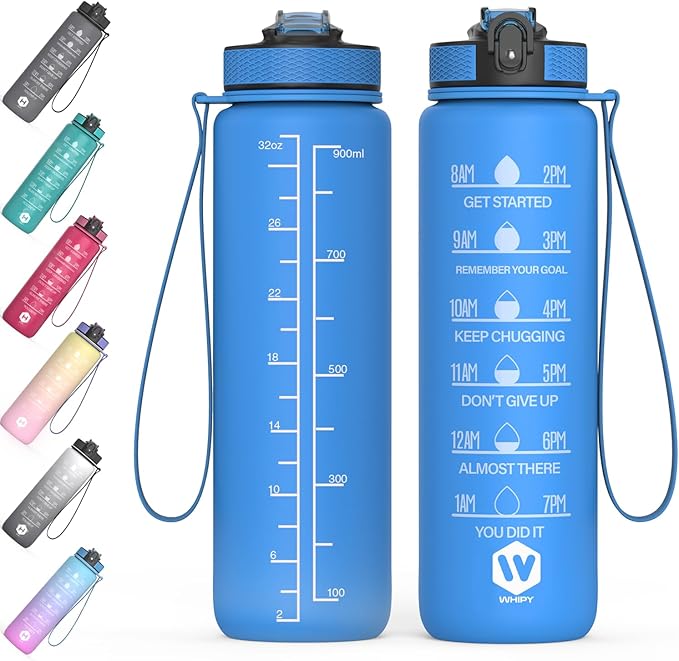 1 Litre Motivational Fitness Sport Water Bottles with Straw & Time Maker, Leak-proof, BPA-free Plastic Drink Bottle 1l Design for Girls, Boy Running,cycling (Blue, 32 OZ)