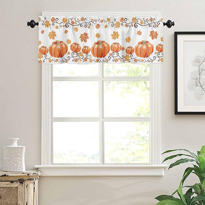 Vandarllin Fall Maple Leaves Kitchen Curtains and Valances Set, Thanksgiving Watercolor Pumpkins Small Windows Treatments Tiers Half/Short Curtains for Cafe/Living Room/Bedroom 54x24 in-, Orange