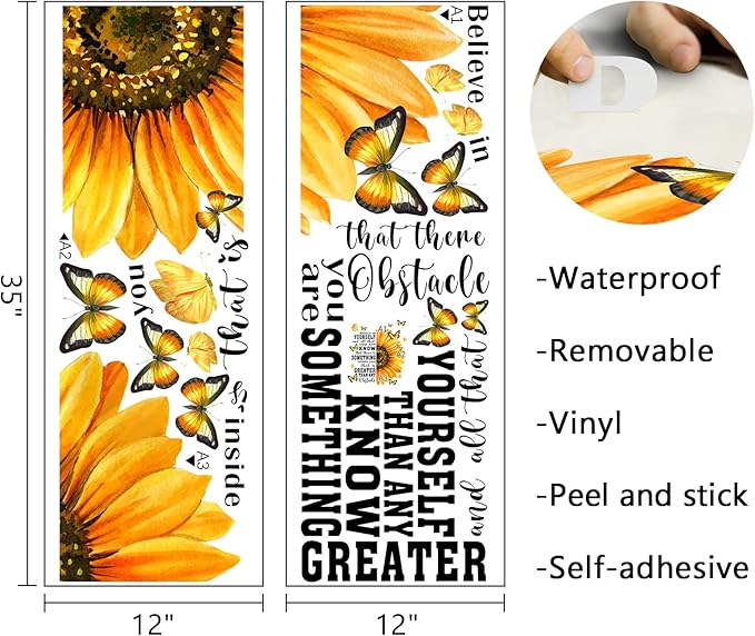 Mfault Spring Summer Sunflower Inspirational Wall Decals Stickers, Fall Flowers Motivational Believe in Yourself Quote Decorations Girls Bedroom Art, Positive Butterfly Home Kitchen Living Room Decor