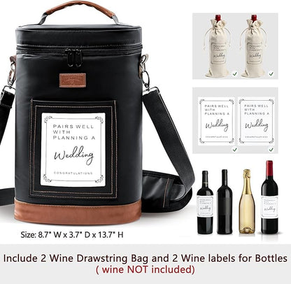 2 Bottle Wine Cooler Bags, Insulated Wine Bag with 2 Wine Drawstring Bag and 2 Engagement Wine Labels, Wine Carrier Bag,Wine Accessories for Wine Lovers, Engagement Gifts for Her, Wine Travel Bag