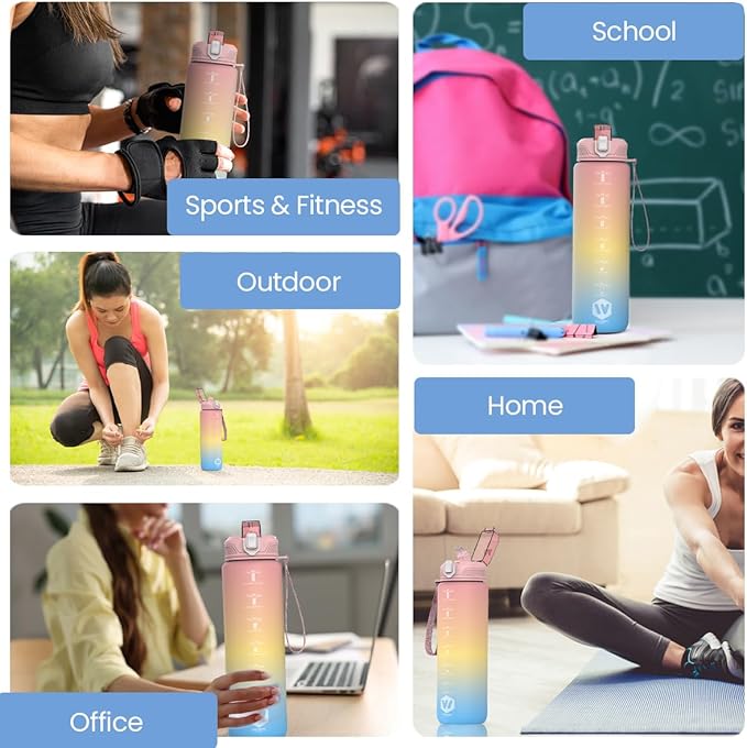 1L Water Bottle with Straw - Leak-Proof & BPA Free Reusable Sports Bottle - Motivational Time Markings for Hydration Durable Drink Bottle for Gym, Sports, Outdoor (Light Pink Yellow and Blue)