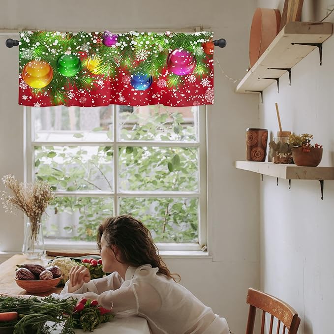 Vandarllin Christmas Balls Kitchen Curtains Valances for Windows Pine Tree Snowflakes Xmas Rod Pocket Window Treatment for Kitchen/Living Room/Bedroom/Bathroom,42" X 12" -1 Panel, Red