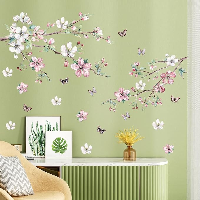 AM AMAONM Removable 3D Ink Style Brown Tree Branches and Pink WhiteFlower Wall Decals Plum Blossom Flowers and Butterfly Wall Sticker Peel and Stick Wall Decor for Home Walls Living Room Kids Baby