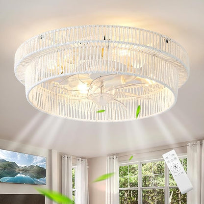 Woven Caged Ceiling Fans with Lights,20 in White Wicker Fandelier, Enclosed Boho Fan with Light for Bedroom Kitchen Living Room