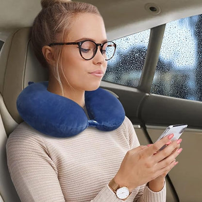 Travel Neck Pillow Airplane, Soft Memory Foam Support Head Neck Chin, with Removale Cover and Adjustable Snap Button, Comfortable Sleeping in Plane Car Train Traveling Office Home, Blue