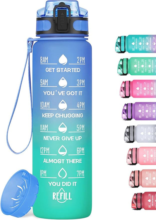 1L/750ml Motivational Water Bottle with Time Marker, Leak-proof BPA Free Drink Bottle with Fruit Strainer or straw, Perfect for Fitness, Gym and Outdoor Sports