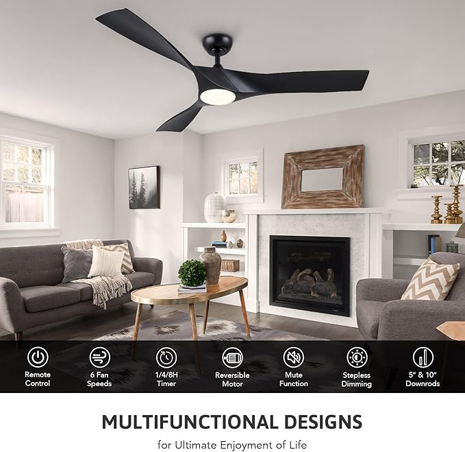 VONLUCE Ceiling Fan with Light and Remote Control, 52 Inch Modern Fan with 3 Blades Noiseless DC Motor for Bedroom, Living Room, Kitchen, Study, Black