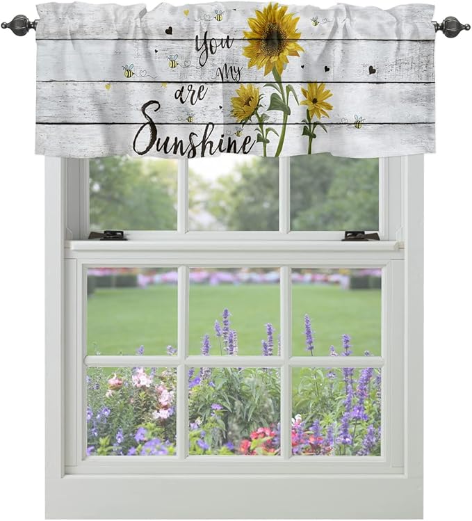 Sunflower Kitchen Curtains Valances for Windows Farmhouse Rustic Vintage Wood Rod Pocket Window Treatment for Kitchen/Living Room/Bedroom/Bathroom,60" X 18" -1 Panel, You are My Sunshine