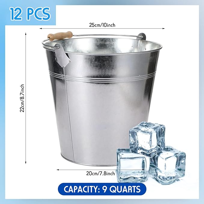 12 Pcs Large Galvanized Metal Buckets with Handle 10 Inch Heavy Duty Stainless Steel Pails Round Pail for Party Wedding, Crafts, Utensils, Table Centerpieces (Silver)