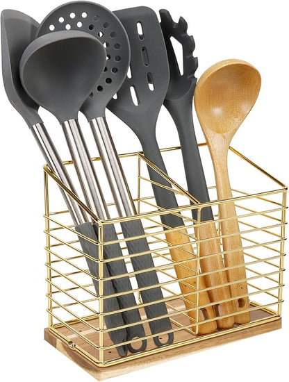 Utensil Holder for Kitchen Counter, Metal Utensil Holder Rack for Kitchen Countertop, Cooking Tools Storage for Spatula, Utensil Organizer with Sturdy Base, and Drainage Hole (Gold Wooden)