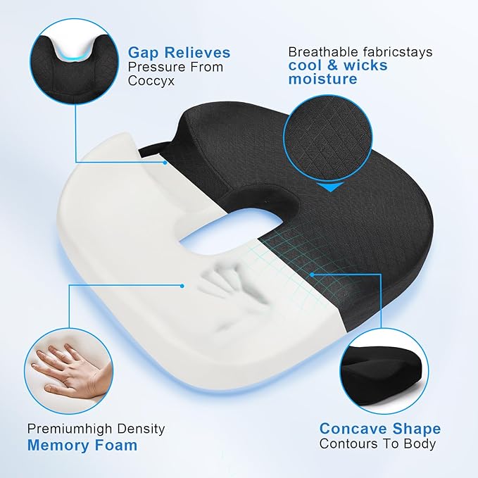 Memory Seat Cushion, Donut Pillow, Donut Cushion Hemorrhoids Scientific Center Hole & Two Humps Hip Curve Design, Memory Foam Seat Cushions for Office, Car and Home Chairs (Black, XL Size)