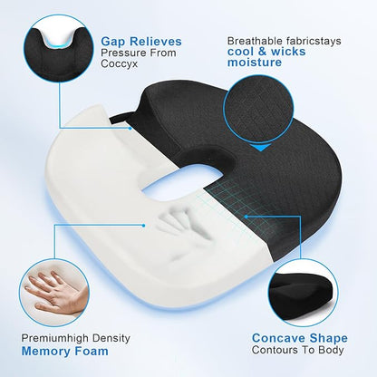 Memory Seat Cushion, Donut Pillow, Donut Cushion Hemorrhoids Scientific Center Hole & Two Humps Hip Curve Design, Memory Foam Seat Cushions for Office, Car and Home Chairs (Black, L Size)