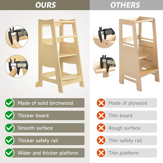 Toddler Step Stools for Kids, Toddler Tower Kids Step Stool with Safety Rail, 3 Heights Adjustable Toddler Kitchen Stool Helper, Kids Toddler Stool for Kitchen Counter Bathroom, Wooden