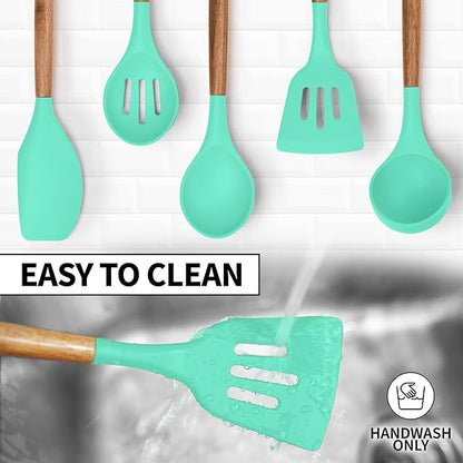 Zulay Kitchen Utensils Set - Non-Stick Silicone Cooking Utensils Set with Authentic Acacia Wood Handles - 5 Piece Silicone Utensil Set - Silicone Kitchen Utensils Set (Mint)