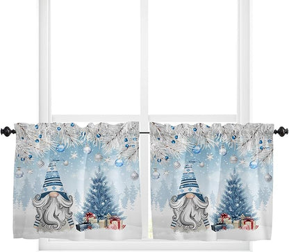 Vandarllin Christmas Gnome Kitchen Curtains and Valances Set, Winter Merry Christmas Tree Balls Windows Treatments Tiers Half/Short Curtains for Small Windows Cafe/Living Room/Bedroom 54x36 in Blue