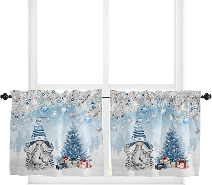 Vandarllin Christmas Gnome Kitchen Curtains and Valances Set, Winter Merry Christmas Tree Balls Windows Treatments Tiers Half/Short Curtains for Small Windows Cafe/Living Room/Bedroom 54x24 in Blue