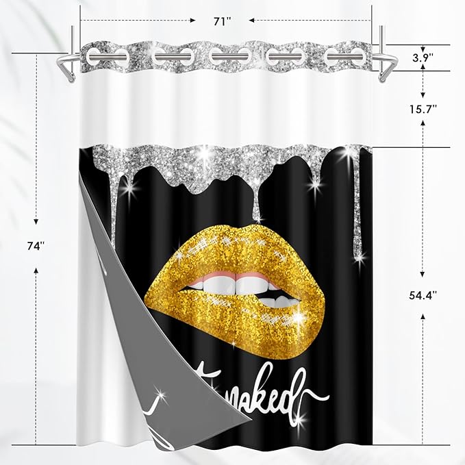 Yellow Gold Lips No Hook Shower Curtain with Snap in Liner, Diamond Glitter Get Naked Black Bath Curtain with Double Layers Waterproof Fabric and Mesh Top Window 71x74 Inch