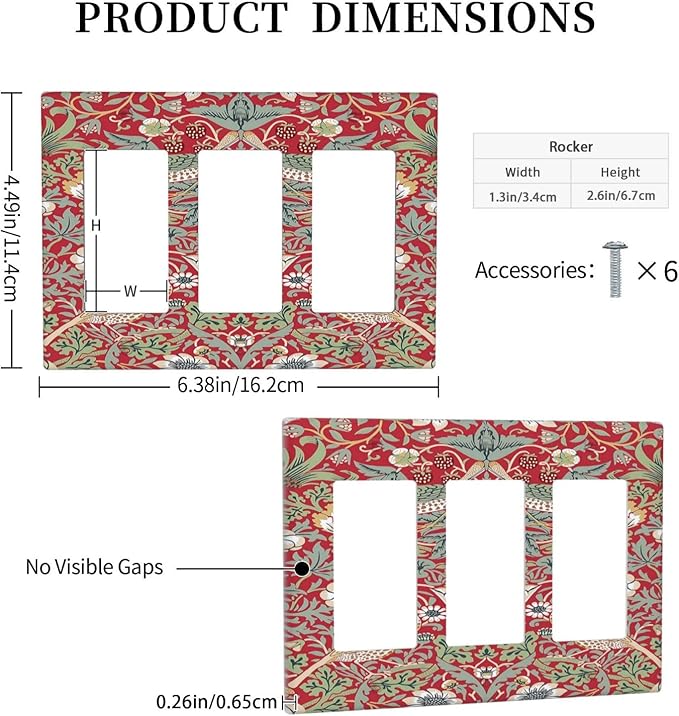 William Morris Strawberry Thief Botanical Red Green 3 Gang Rocker Light Switch Covers Triple Outlet Wall Plate Decorative Switchplate Cover Faceplate GFCI for Country Bathroom Bedroom Kitchen Decor