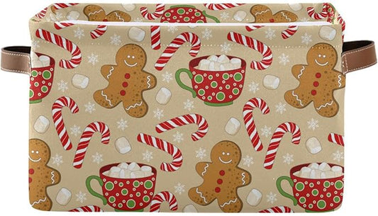 Christmas Gingerbread Man Storage Basket Fabric Kitchen Baskets Xmas Candy Cane Winter Snowflake Open Home Storage Bins Boxes Foldable Organizer Bag for Gift Book Shelf Closet Baskets 16×12×8 Inches