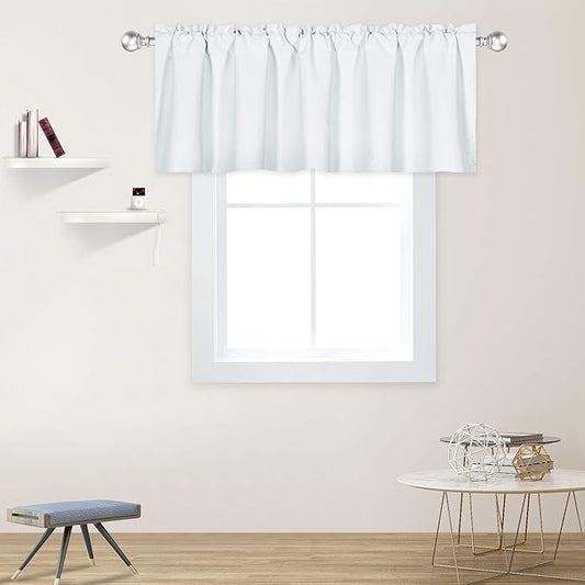 White Valance for Windows 60x18 Inch Solid Thermal Insulated Blackout Rod Pocket Kitchen Short Curtain Toppers Valance for Bathroom Living Room 1 Panel