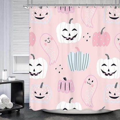 Pink Halloween Pumpkin Shower Curtain 60Wx72L Inch Cartoon Cute Ghost Kids Shower Curtain Bathroom Set Funny Spooky Girl Child Trick or Treat Bath Curtain Bathtub Accessories Home Decor