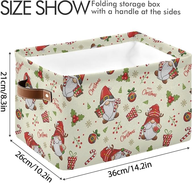 Merry Christmas Gnomes Storage Basket Fabric Kitchen Baskets Winter Candy Cane Bells Xmas Open Home Storage Bins Boxes Foldable Organizer Bag for Toy Book Shelf Closet Baskets 16×12×8 Inches