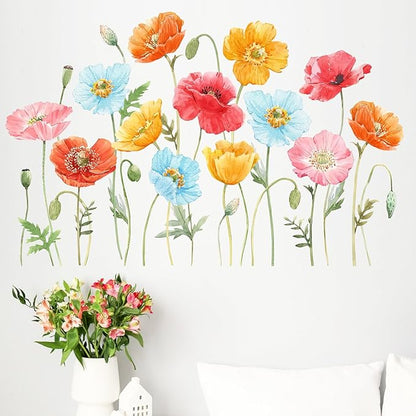 Mfault Spring Large Poppy Flower Wall Decals Stickers, Summer Watercolor Floral Living Room Decorations Bedroom Art, Seasonal Garden Home Kitchen Decor