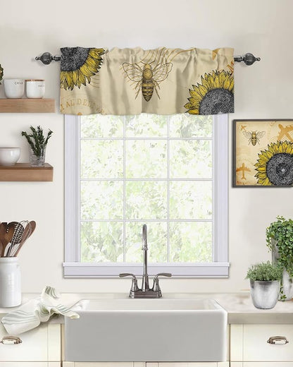 Vintage Sunflower Bee Kitchen Curtains Valances for Windows Summer Rod Pocket Window Treatment for Kitchen/Living Room/Bedroom/Bathroom,42" X 18" -1 Panel, Yellow