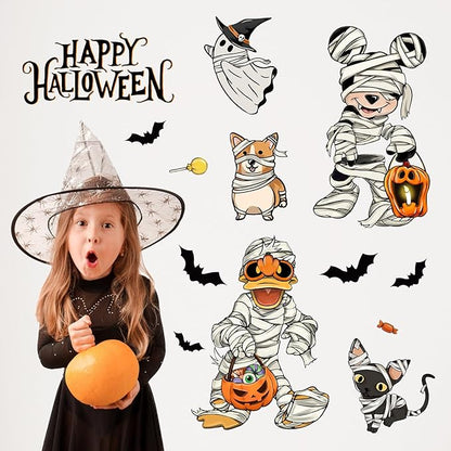 Mfault Happy Halloween Cartoon Mouse Duck Wall Decals Stickers, Spooky Mummy Cat Dog Ghost Decorations Bedroom Art, Funny Jack O Lantern Pumpkin Bat Home Kitchen Living Room Decor