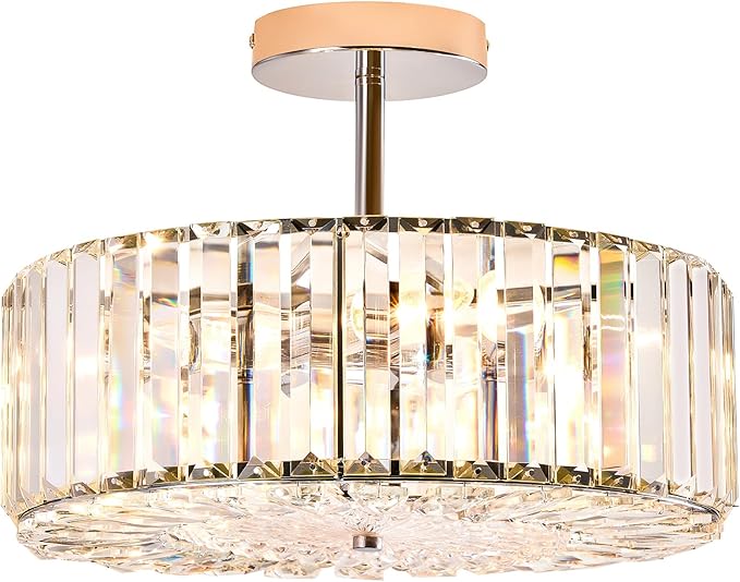 VONLUCE Crystal Light Fixture, Modern Semi Flush Mount Ceiling Light, 15" Round 4-Light Crystal Chandelier Hallway Lighting for Kitchen Bedroom Living Room Dining Room Entryway Closet, Nickel