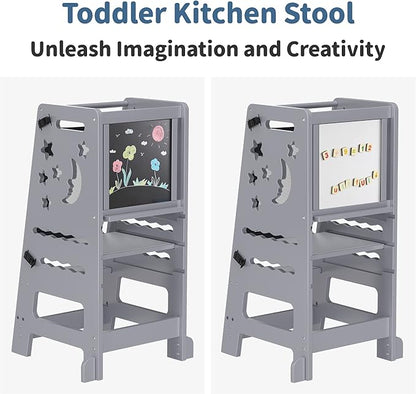 TOETOL Bamboo Learning Standing Helper Tower with Keeper - Grey Toddlers Kitchen Stools Counter 3 Height Adjustable Helper with Message Boards