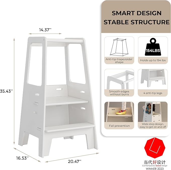 Toddler Standing Tower Wooden Toddler Stool for Kitchen Adjustable Toddler Tower, Winner 2023 of Contemporary Good Design, Montessori Kitchen Tools