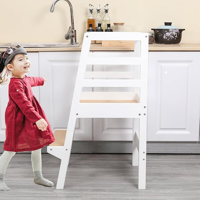 Toddler Kitchen Step Stool White Helper Standing Tower with Anti-Slip Protection for Kids Kitchen Counter Learning (Large, White)